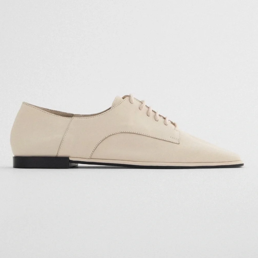 Zara Elegant Cream Women's Leather Lace Up Square Toe Oxford Shoes 39 (US 8) - Picture 6 of 6